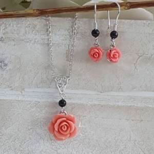 Coral Flower Set with Black Agate 
